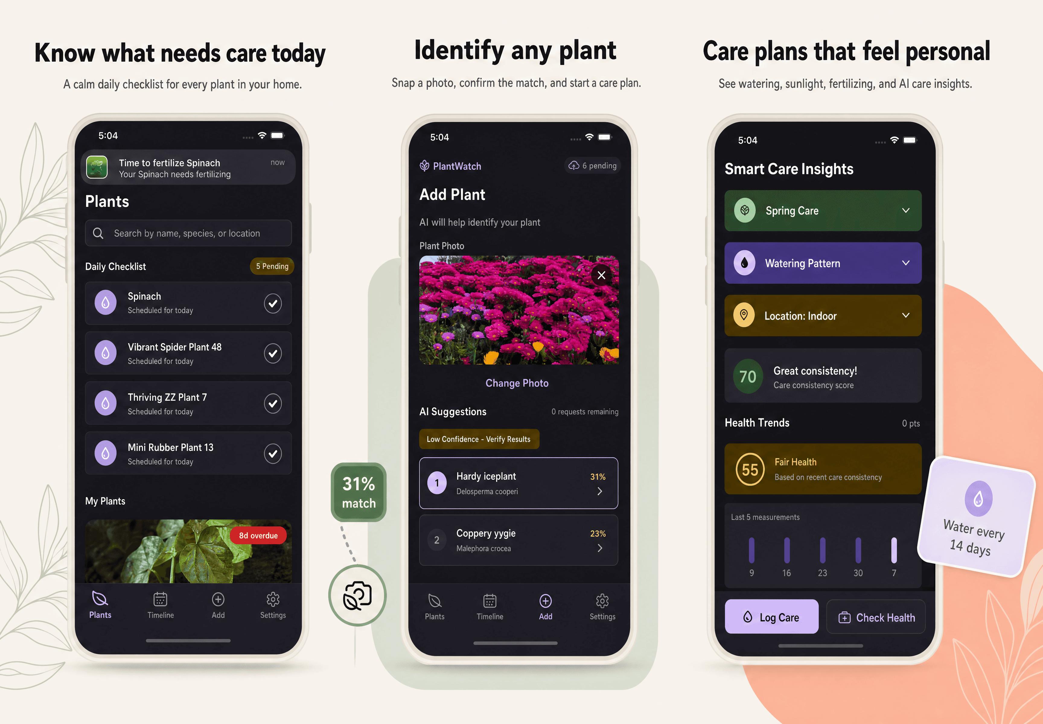 PlantWatch mobile screens showing plant identification, daily care tasks, and smart care insights.